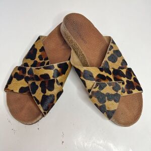 Anacapri Leather Leopard Print Pony Hair Criss Crop Wide Strappy Slip On Sandals